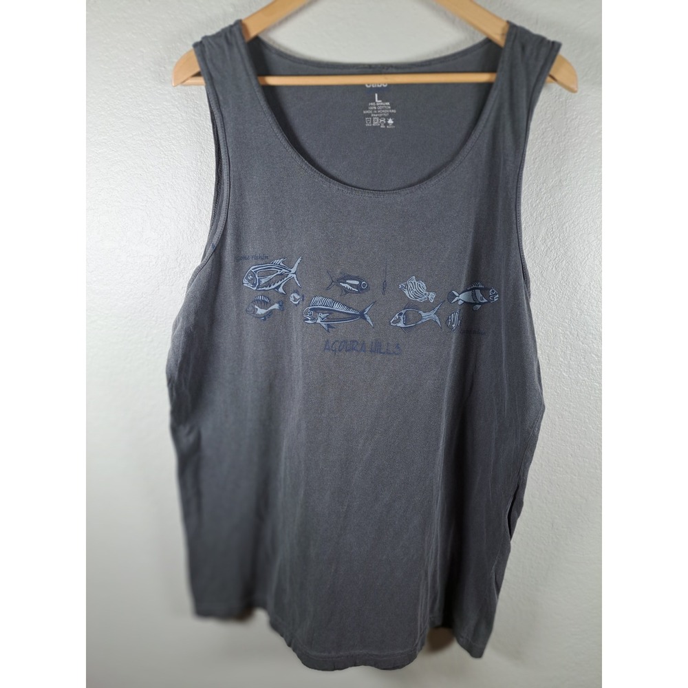 Cabo Agoura Hills Mens Large Gray Fish Graphic Tank Top Cotton Sleeveless Shirt